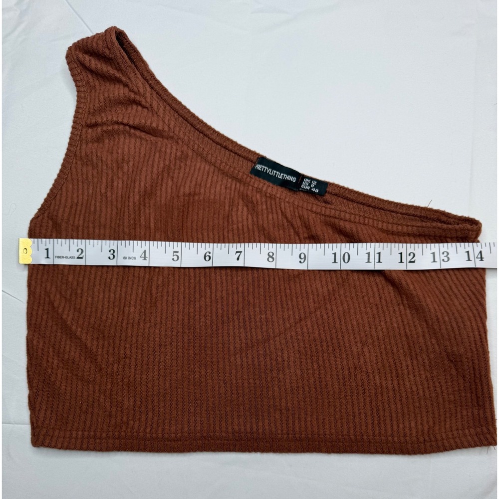 PrettyLittleThing One Shoulder Ribbed Crop Top Brown Stretch Asymmetrical US 8 - Picture 5 of 5